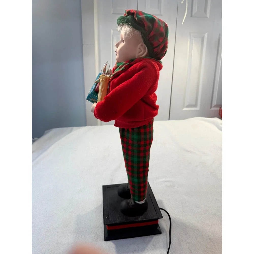 Vintage Noel Animated Christmas Boy Figure Lighted Candle Presents Plaid Outfit